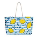 Nautical Lemon Beach Tote Bag – Summer Blue White Striped Anchor Print, Large Coastal Travel Bag with Rope Handles for Vacation & Pool