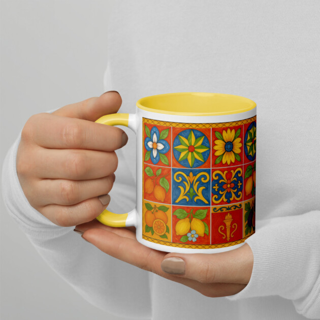 Sicilian Tile Art Mug | Mediterranean Fruit Design Coffee Cup | Vintage Majolica Style Kitchen Decor Gift