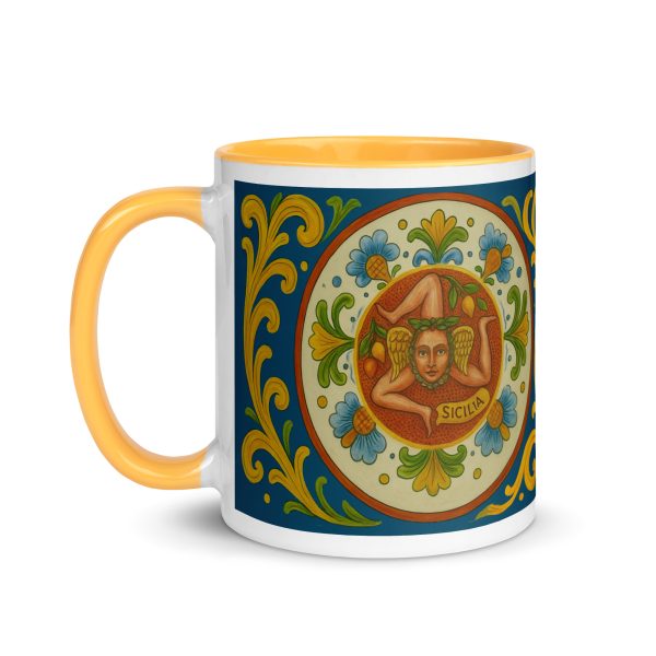 Sicilian Trinacria Ceramic Mug with Color Inside. Unique traditional art from Sicily. Handmade style, Italy gift idea.