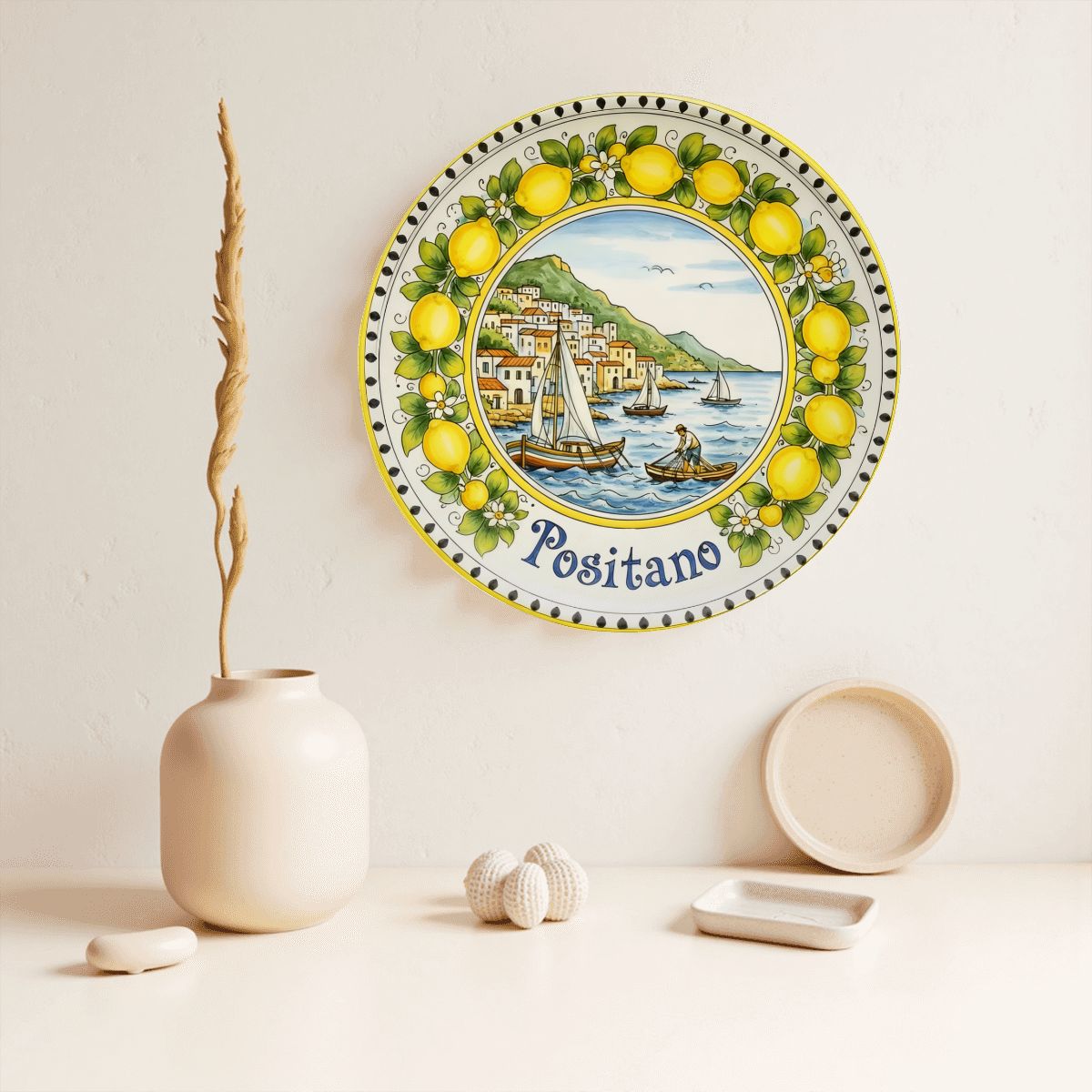 Decorative Plate Authentic Amalfi Style Decorative Plate | Positano Cityscape and Sailor | Yellow Lemon Garland Ceramic Serving Dish - Image 5