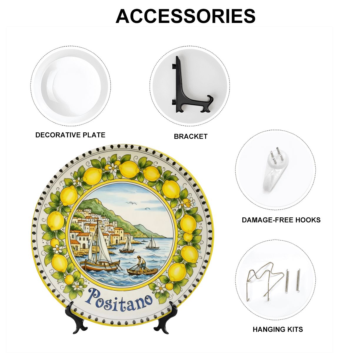 Decorative Plate Authentic Amalfi Style Decorative Plate | Positano Cityscape and Sailor | Yellow Lemon Garland Ceramic Serving Dish - Image 3