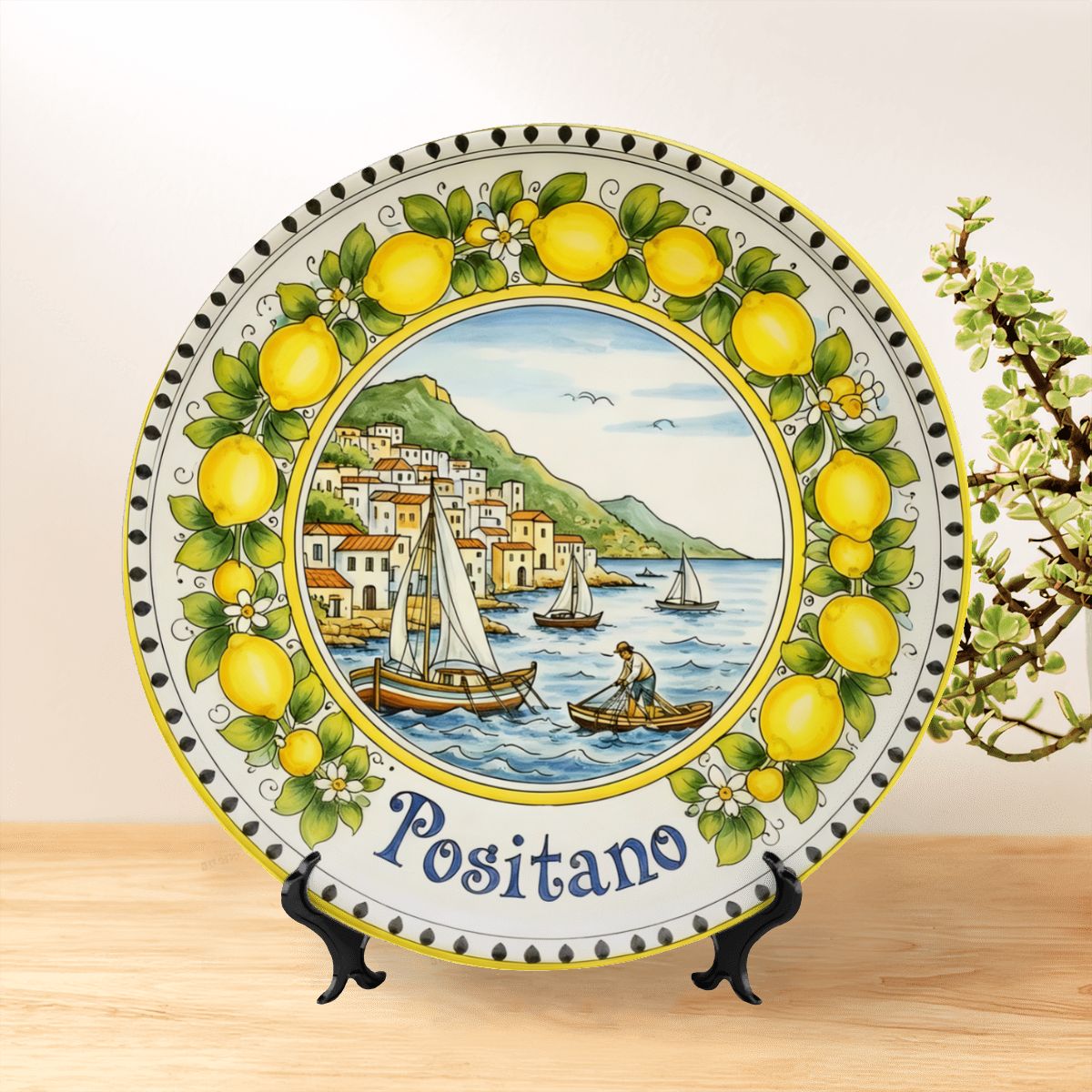 Decorative Plate Authentic Amalfi Style Decorative Plate | Positano Cityscape and Sailor | Yellow Lemon Garland Ceramic Serving Dish - Image 6