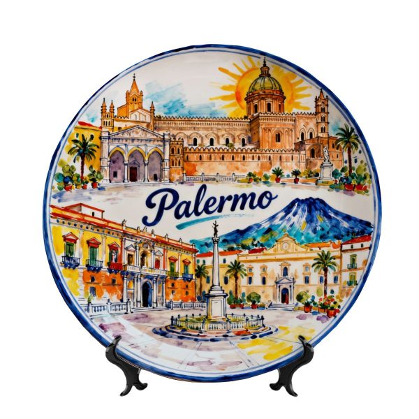 Palermo Sicily Decorative Plate – Italian Souvenir Majolica Decor Featuring Cathedral & Mount Etna
