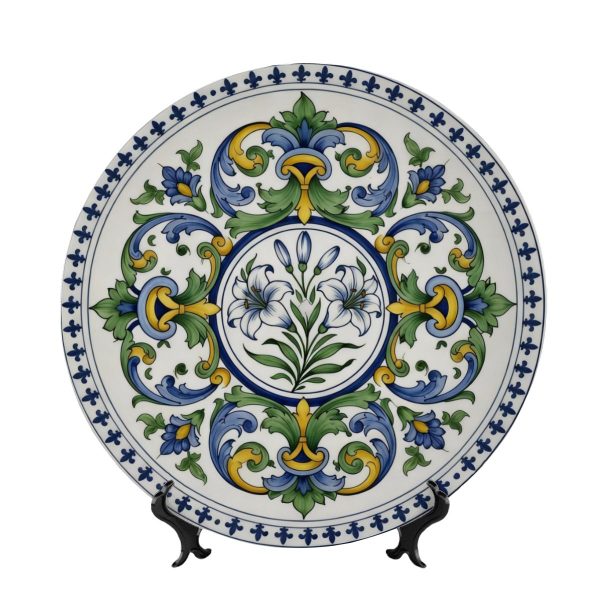 Italian Style Decorative Plate  – Blue Fleur-de-Lis & White Floral Scrollwork