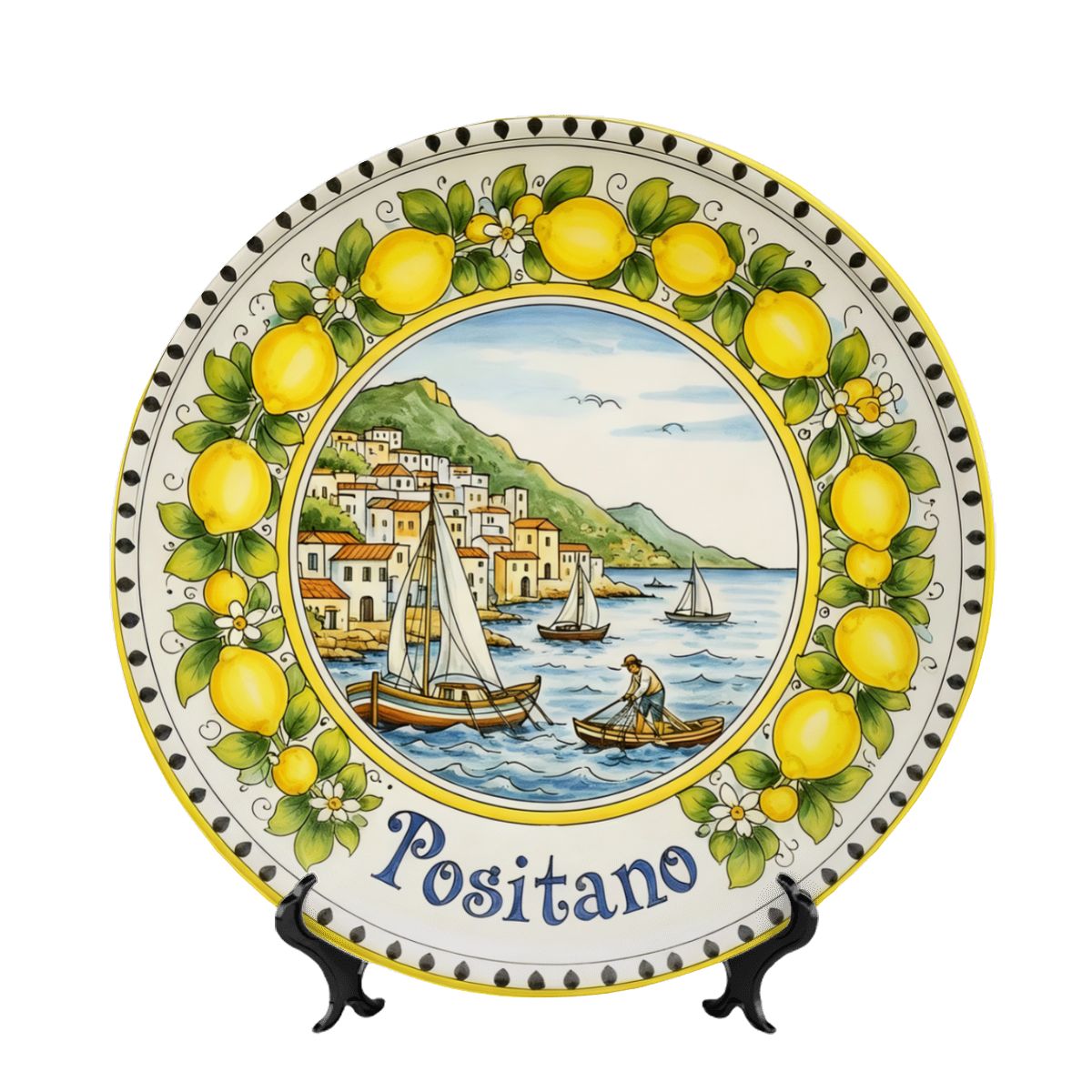 Decorative Plate Authentic Amalfi Style Decorative Plate | Positano Cityscape and Sailor | Yellow Lemon Garland Ceramic Serving Dish