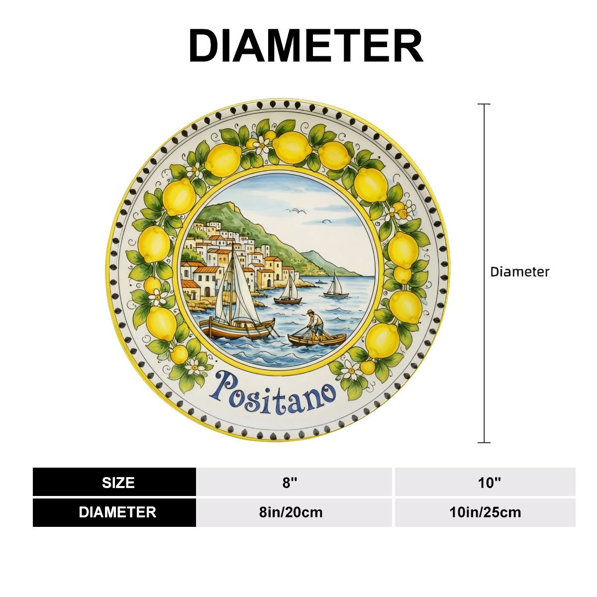 Decorative Plate Authentic Amalfi Style Decorative Plate | Positano Cityscape and Sailor | Yellow Lemon Garland Ceramic Serving Dish - Image 2