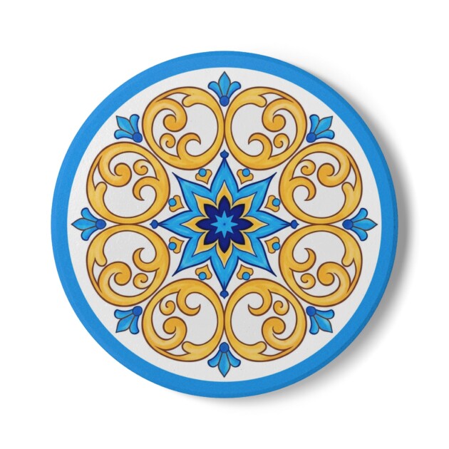 Blue Gold Mandala Ceramic Coaster, Mediterranean Tile Pattern, Drink Coaster, Home Decor, Housewarming Gift