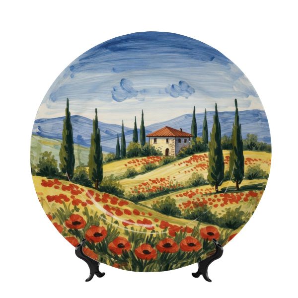 Italian Tuscan Landscape Decorative Plate | Poppy Fields and Cypress Trees Wall Decor