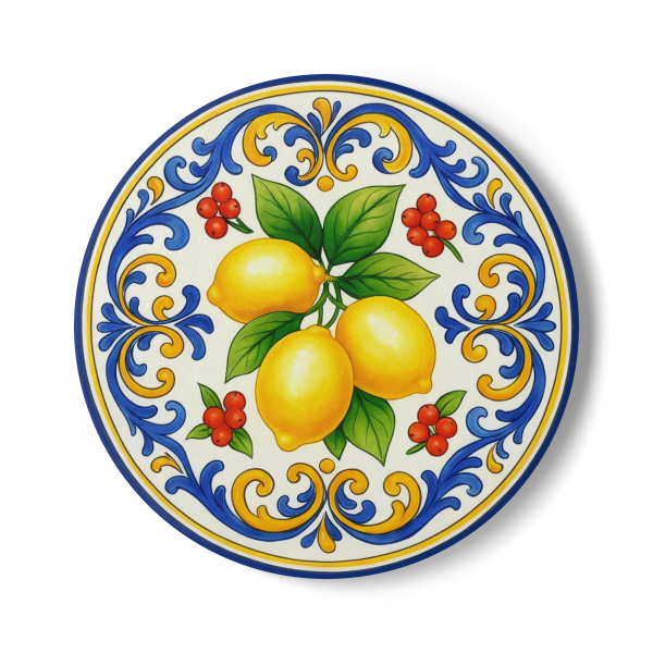 Ceramic Coaster with Italian Lemons Decor – Hand Painted Effect Majolica Style Mediterranean Table Accent, Amalfi Blue and Yellow Art