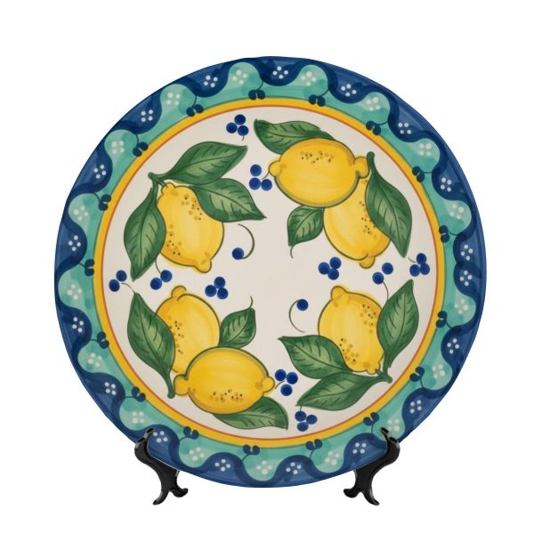 Vibrant Sicilian Lemon Platter, Blue Berry & Leaf Motif, Coastal Kitchen Decor