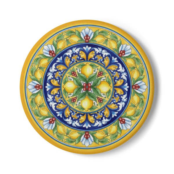 Mandala Ceramic Coaster - Hand Painted Effect Italian Majolica Art, Blue and Yellow Mediterranean Table Home Decor