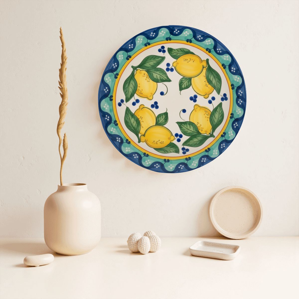 Vibrant Sicilian Lemon Platter, Blue Berry & Leaf Motif, Coastal Kitchen Decor - Image 2