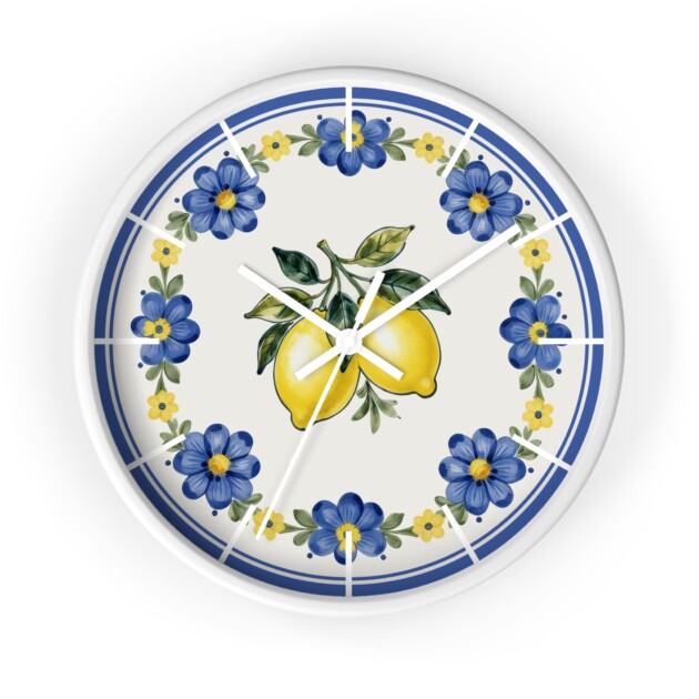 Lemon Tile Wall Clock, Ceramic-Inspired Citrus Pattern, Kitchen Decor, Yellow Fruit Clock, Unique Home Accent