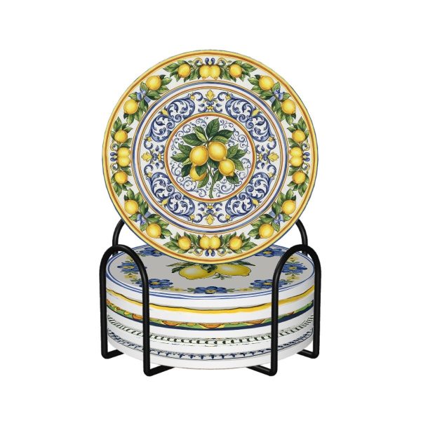 Set of 6 Italian Majolica Lemon Ceramic Coasters, Assorted Mediterranean Tile Patterns