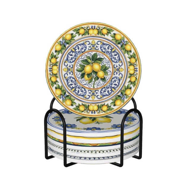 Set of 6 Italian Majolica Lemon Ceramic Coasters, Assorted Mediterranean Tile Patterns