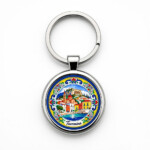 Taormina Italy Round Stainless Steel Keychain — Colorful Sicilian Souvenir