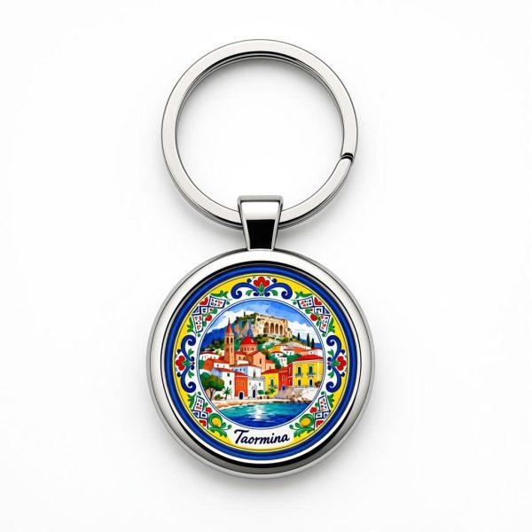 Taormina Italy Round Stainless Steel Keychain — Colorful Sicilian Souvenir