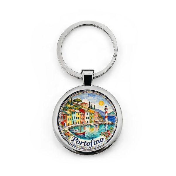 Portofino Harbor Illustration Keychain | Round Stainless Steel Keychain
