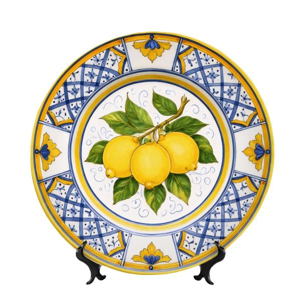Sorrento Inspired Lemon Ceramic Decorative Plate, Blue Floral Lattice Border, Artisan Home Decor
