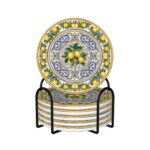 Amalfi Style 4-inch Lemon Ceramic Coasters Set of 6 with Holder Mediterranean Blue and Yellow Kitchen Decor
