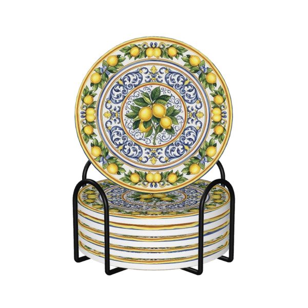 Amalfi Style 4-inch Lemon Ceramic Coasters Set of 6 with Holder Mediterranean Blue and Yellow Kitchen Decor