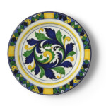 Elegant Campania Style China Dish with Rich Yellow Fruit and Teal Geometric Patterns