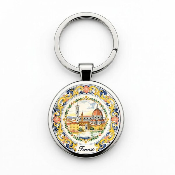 Florence Tile Scene Round Stainless Steel Keychain | Firenze Souvenir