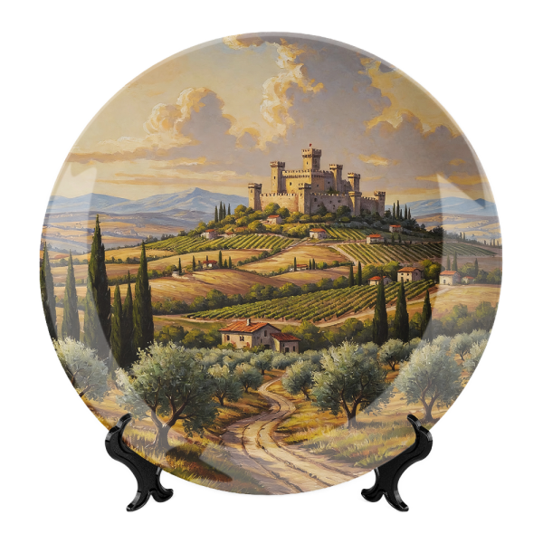 Medieval Italian Castle Fine China Plate Featuring Abruzzo Hills and Olive Grove Scenery