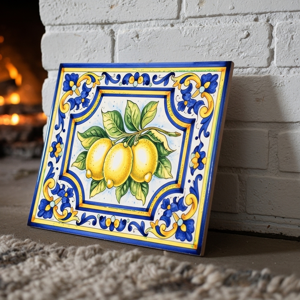 Lemon Medallion Ceramic Tile | Italian Majolica Fruit Tile - Image 4