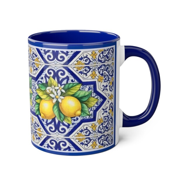 Amalfi Coast Blue and Yellow Tea Cup Accent Mug, 11oz | Coastal Ceramic Drinkware