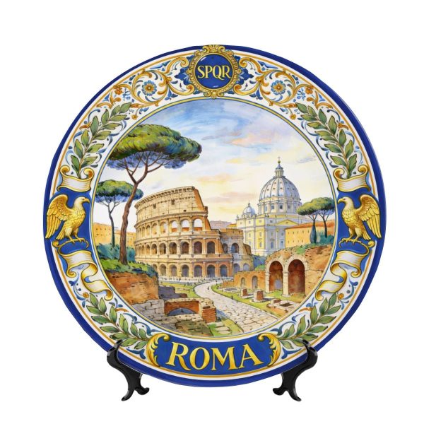 Roman Cityscape Decorative Wall Art Plate Featuring Colosseum and St Peters Basilica
