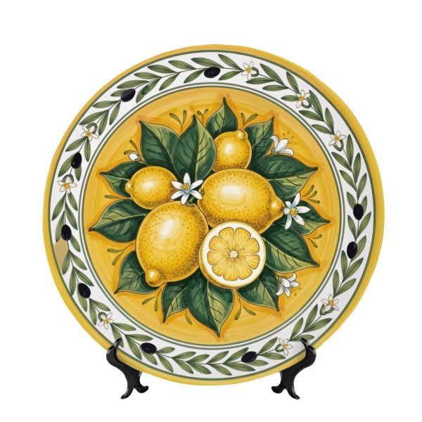 Amalfi Coast Style Lemon Pattern Display Dish, Vibrant Yellow and Blue Majolica Inspired Ornament