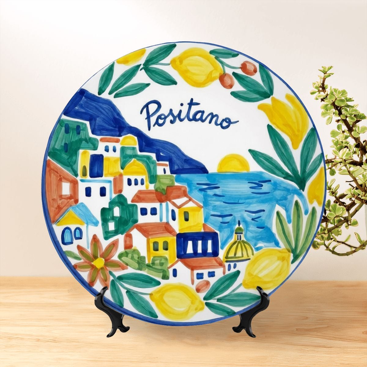 Positano Inspired Ceramic Plate Colorful Amalfi Coast Landscape Wall Art Decor Including Stand - Image 8
