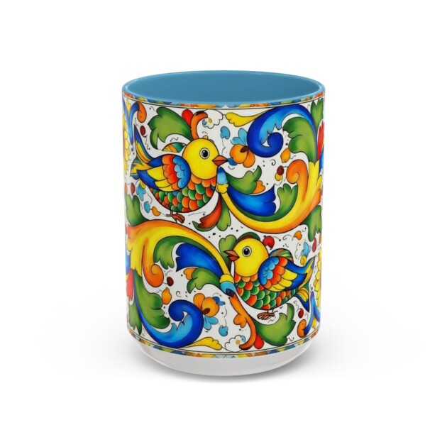 Colorful Italian Majolica Style Bird Pattern Mug | Ceramic Accent Coffee Mug