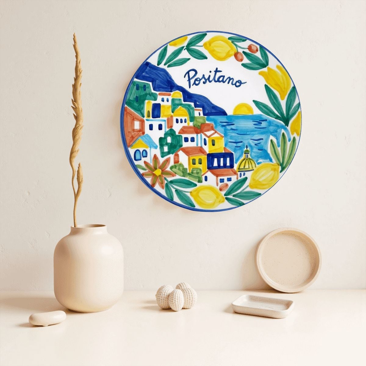 Positano Inspired Ceramic Plate Colorful Amalfi Coast Landscape Wall Art Decor Including Stand - Image 9