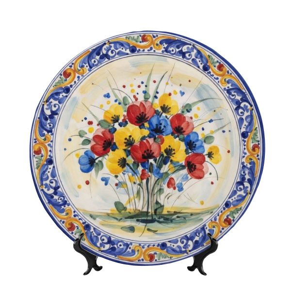 Vibrant Mediterranean Flower Plate - Italian Style Pottery Decor - Pennellato Technique Art Piece