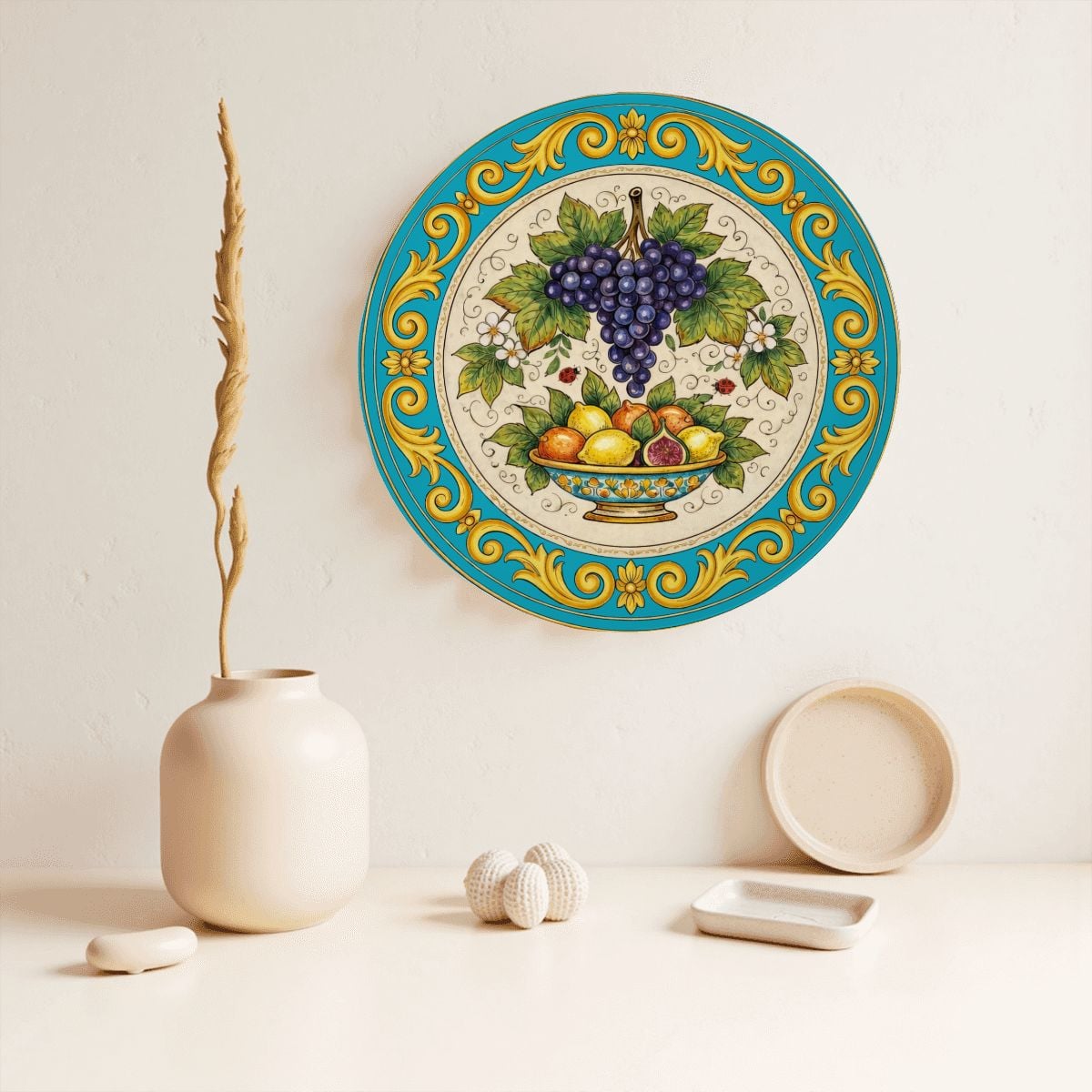 Italian Renaissance Inspired Fruit Plate, Ceramic Wall Art Decor, Mediterranean Still Life with Stand - Image 14