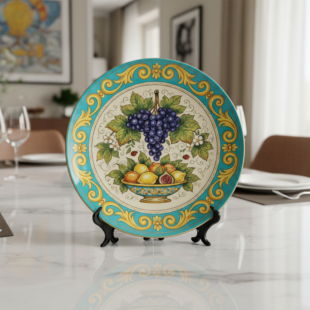 Italian Renaissance Inspired Fruit Plate, Ceramic Wall Art Decor, Mediterranean Still Life with Stand - Image 3