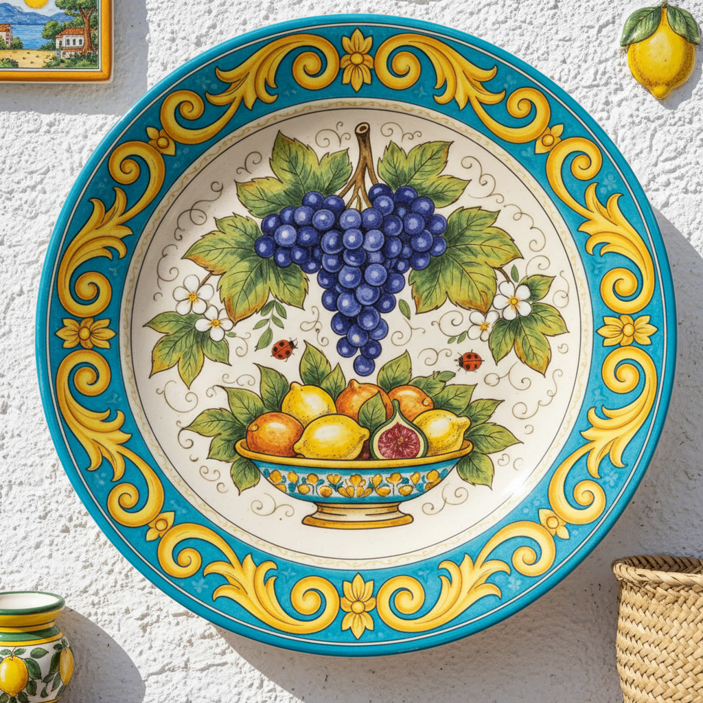 Italian Renaissance Inspired Fruit Plate, Ceramic Wall Art Decor, Mediterranean Still Life with Stand - Image 2
