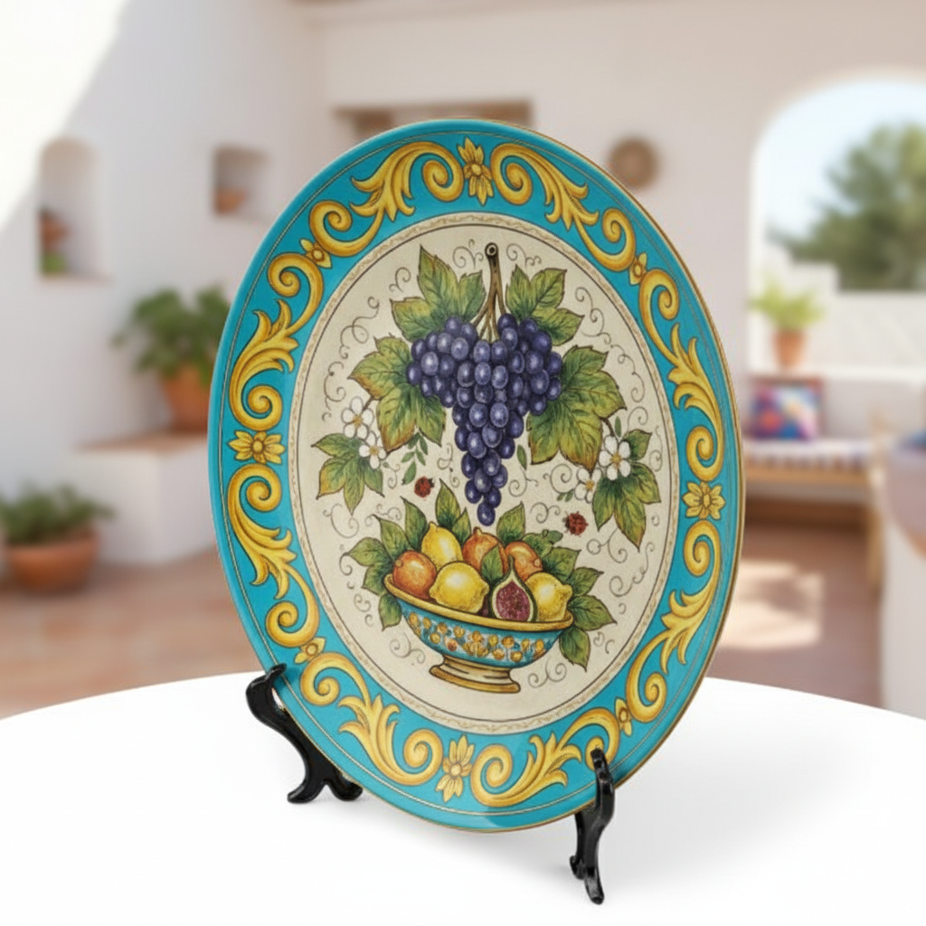 Italian Renaissance Inspired Fruit Plate, Ceramic Wall Art Decor, Mediterranean Still Life with Stand - Image 6