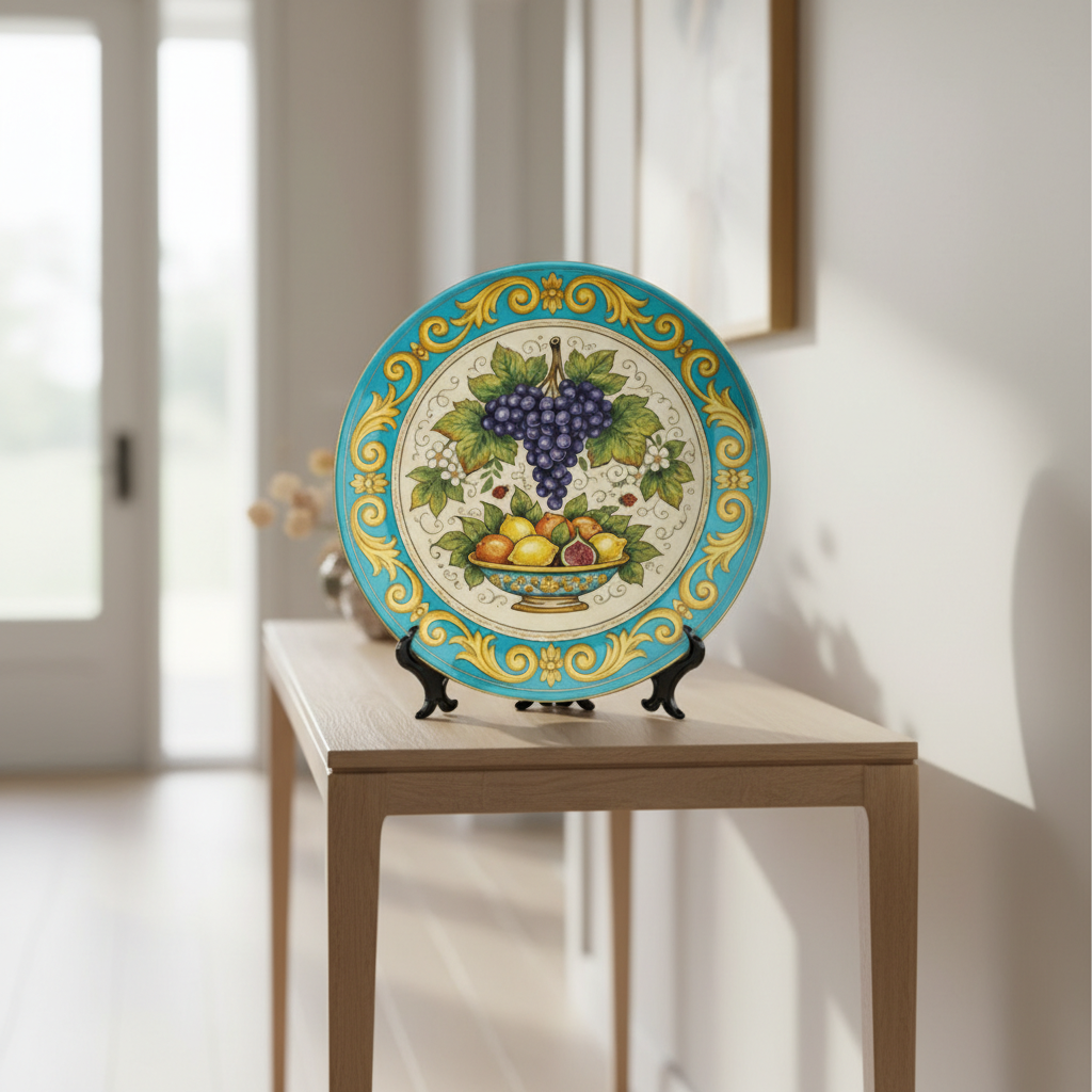 Italian Renaissance Inspired Fruit Plate, Ceramic Wall Art Decor, Mediterranean Still Life with Stand - Image 7