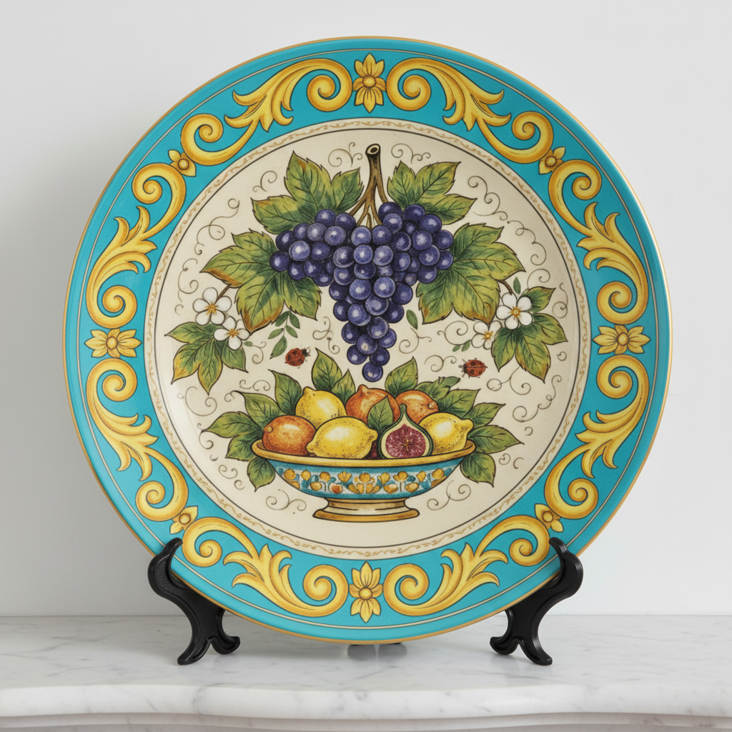 Italian Renaissance Inspired Fruit Plate, Ceramic Wall Art Decor, Mediterranean Still Life with Stand - Image 4