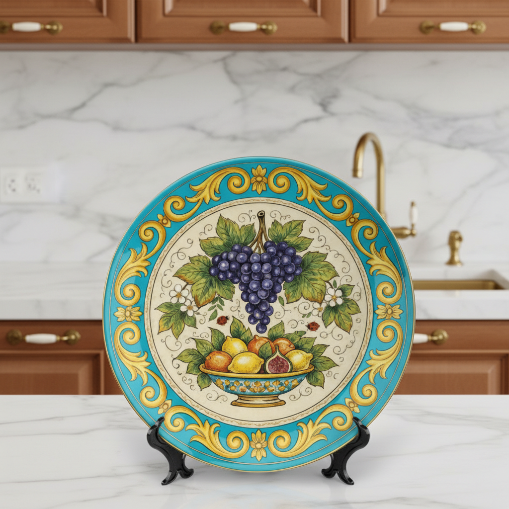 Italian Renaissance Inspired Fruit Plate, Ceramic Wall Art Decor, Mediterranean Still Life with Stand - Image 12