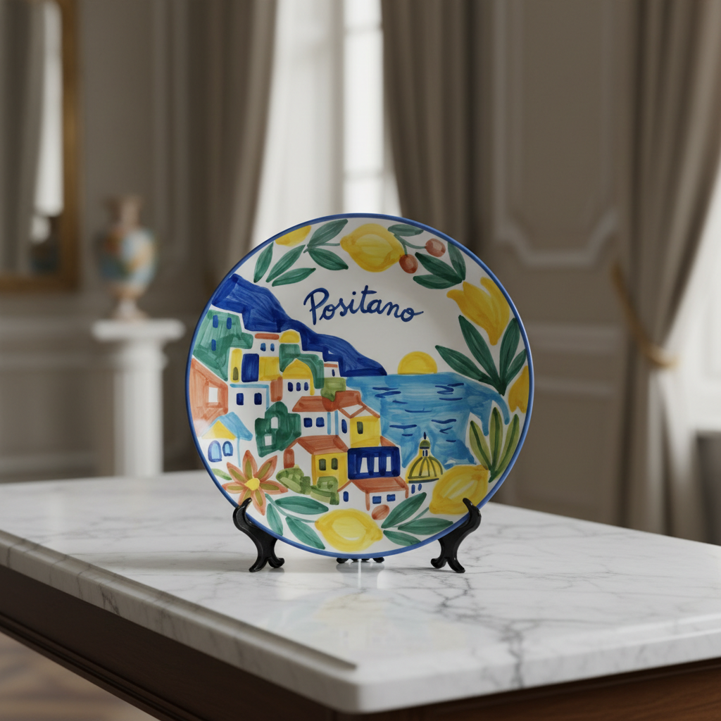 Positano Inspired Ceramic Plate Colorful Amalfi Coast Landscape Wall Art Decor Including Stand - Image 6