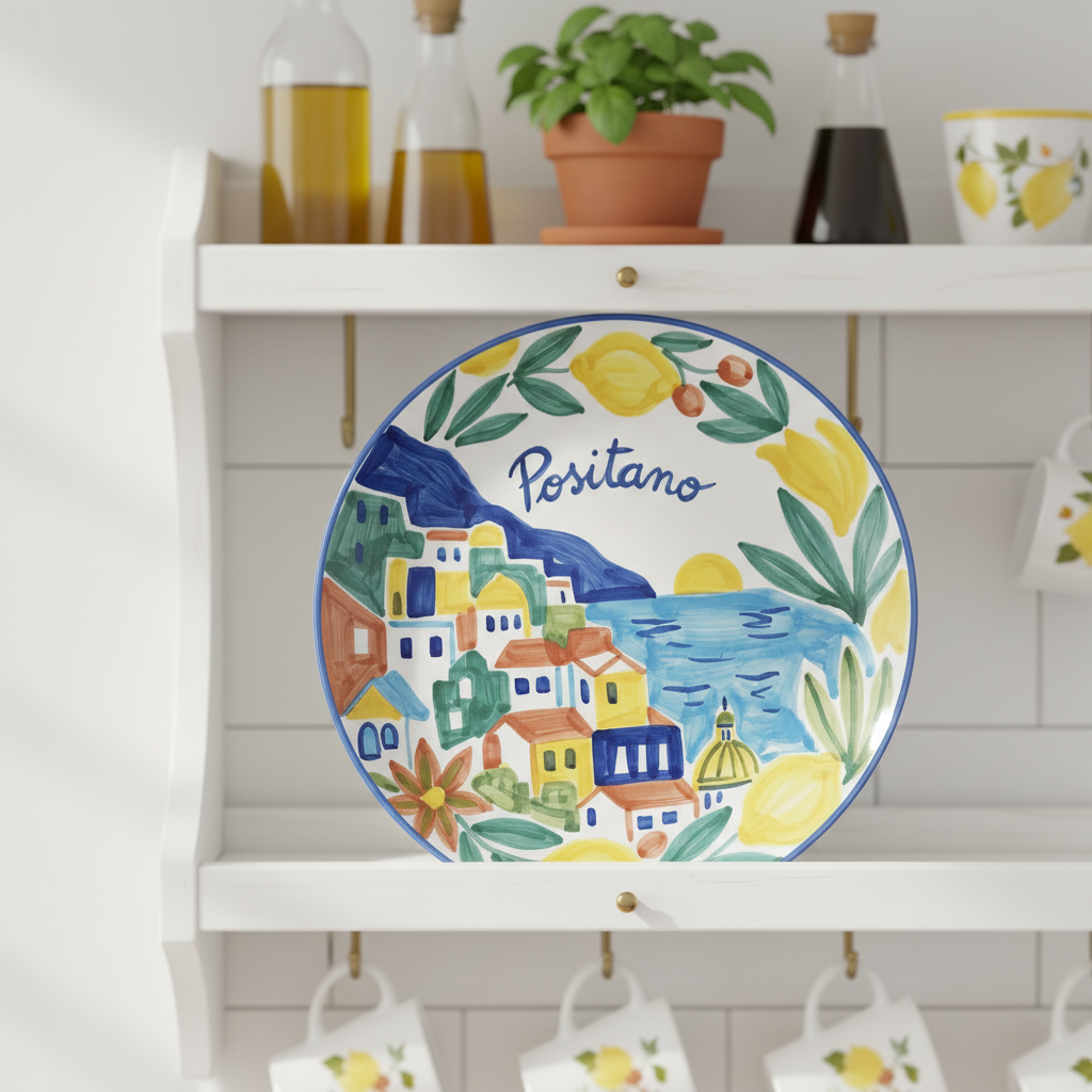 Positano Inspired Ceramic Plate Colorful Amalfi Coast Landscape Wall Art Decor Including Stand - Image 2