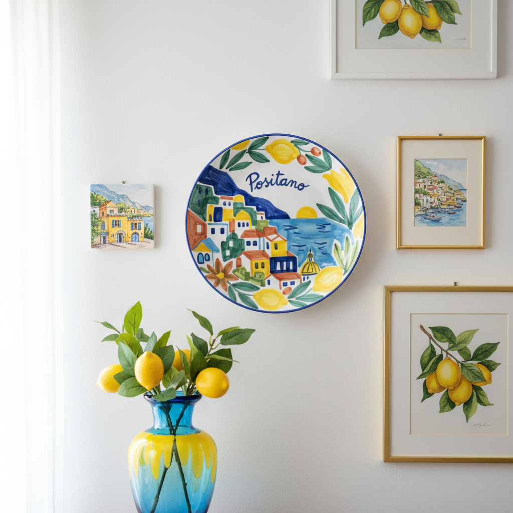 Positano Inspired Ceramic Plate Colorful Amalfi Coast Landscape Wall Art Decor Including Stand - Image 3