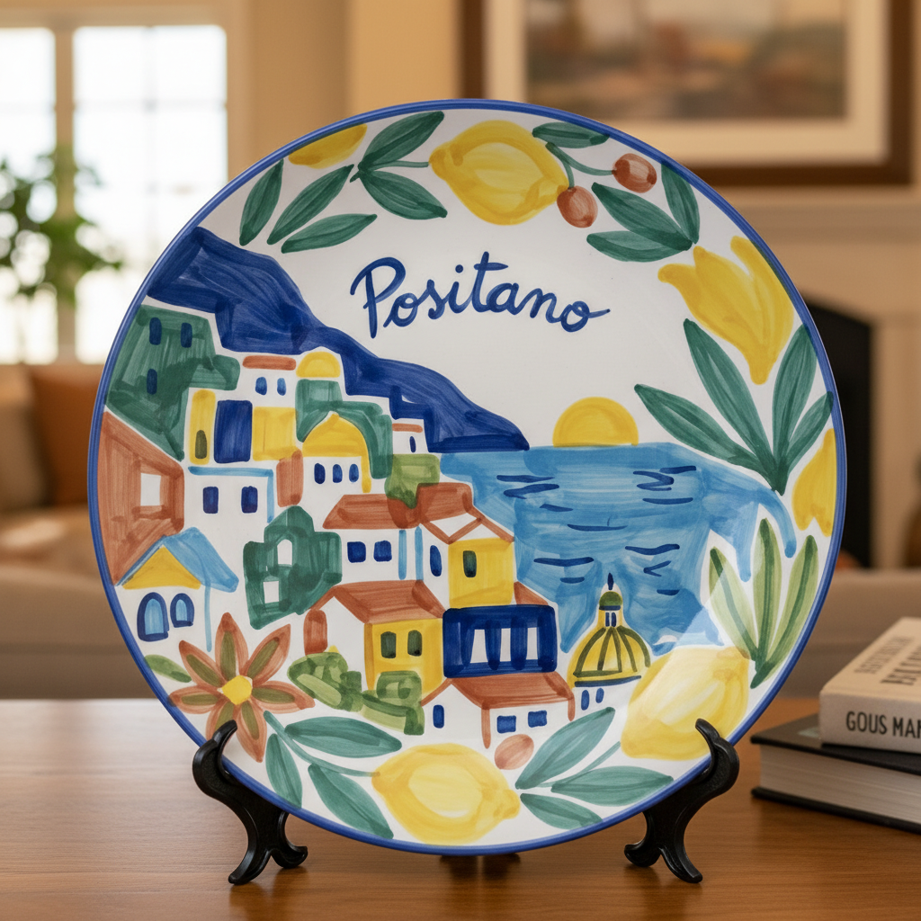 Positano Inspired Ceramic Plate Colorful Amalfi Coast Landscape Wall Art Decor Including Stand - Image 4