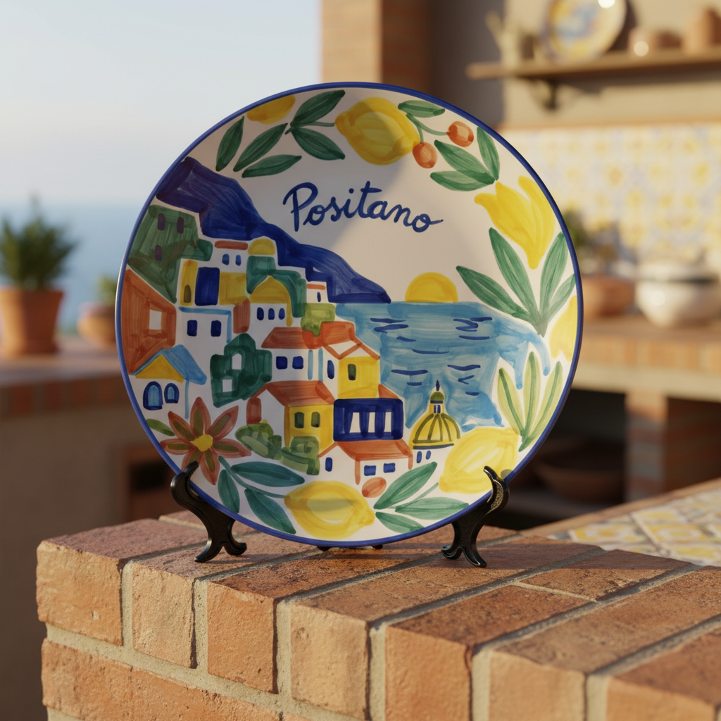 Positano Inspired Ceramic Plate Colorful Amalfi Coast Landscape Wall Art Decor Including Stand - Image 5