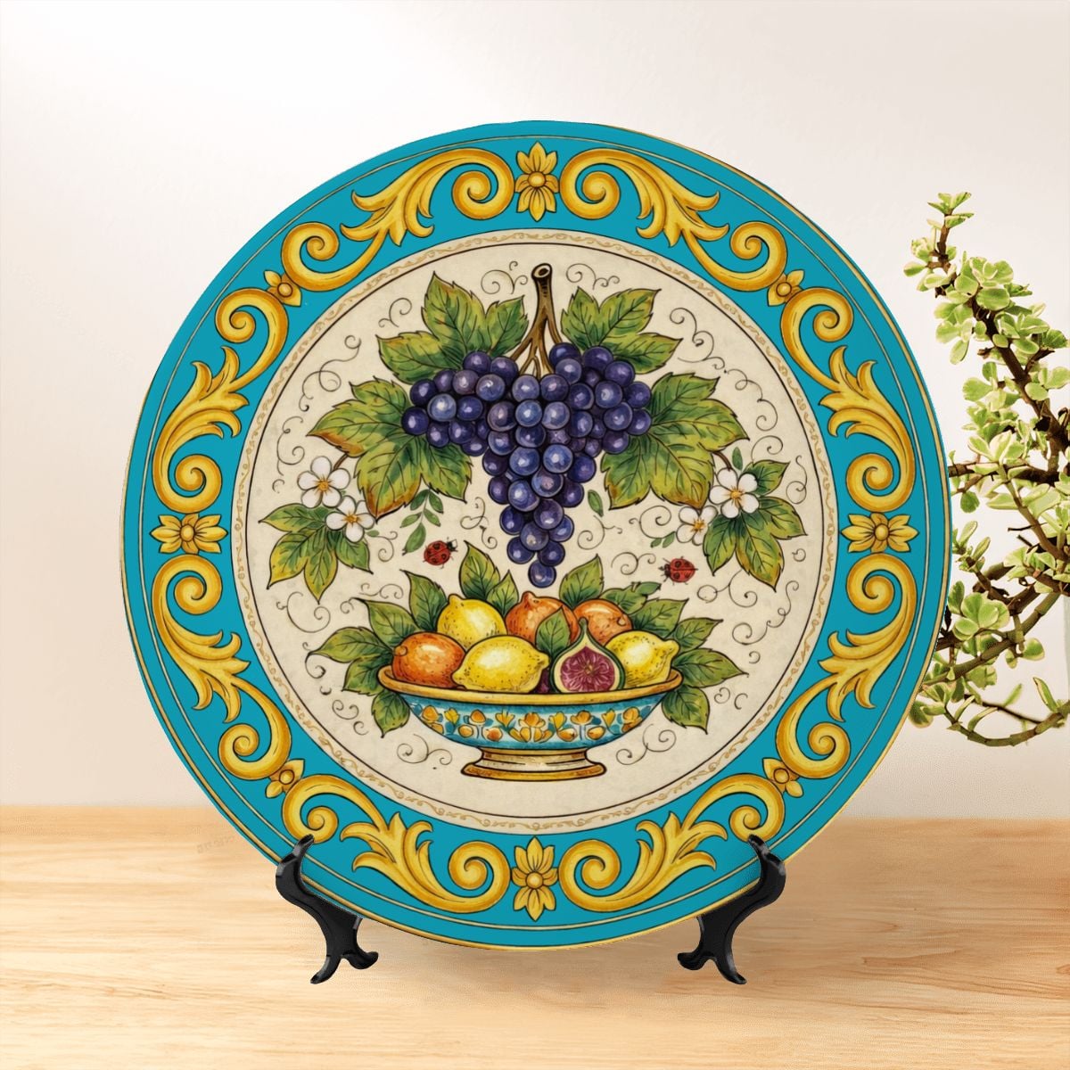 Italian Renaissance Inspired Fruit Plate, Ceramic Wall Art Decor, Mediterranean Still Life with Stand - Image 11