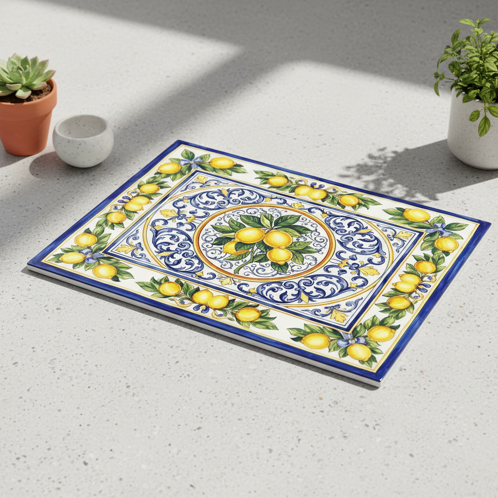 Lemon Medallion Ceramic Tile | Italian Citrus Pattern, Blue Scrollwork - Image 3